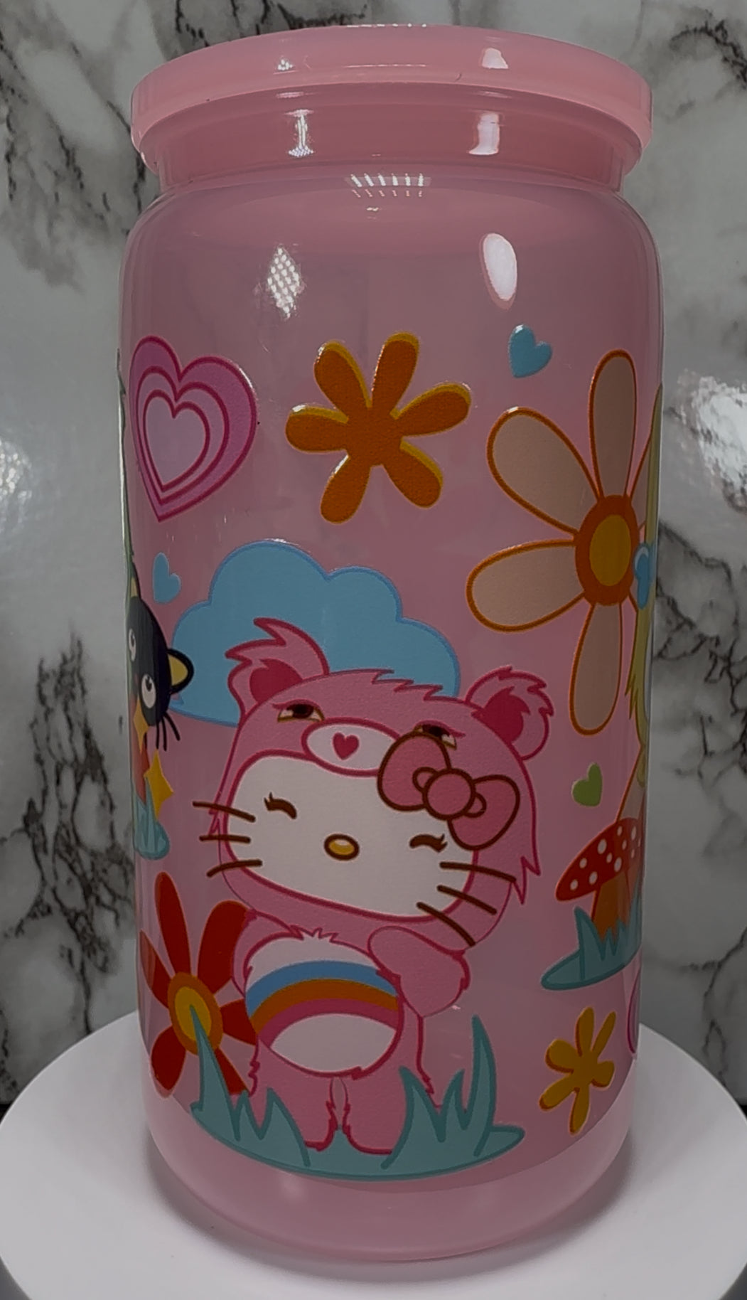 Hello Kitty / Care Bears mash up UVDTF on a PLASTIC pink beer can cup