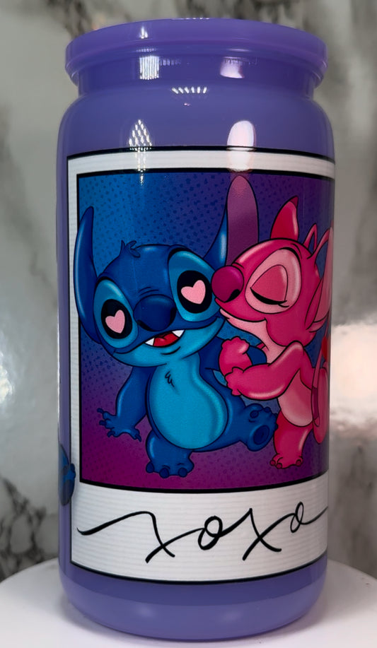Stitch & Angel Polaroid UVDTF on a plastic purple beer can cup