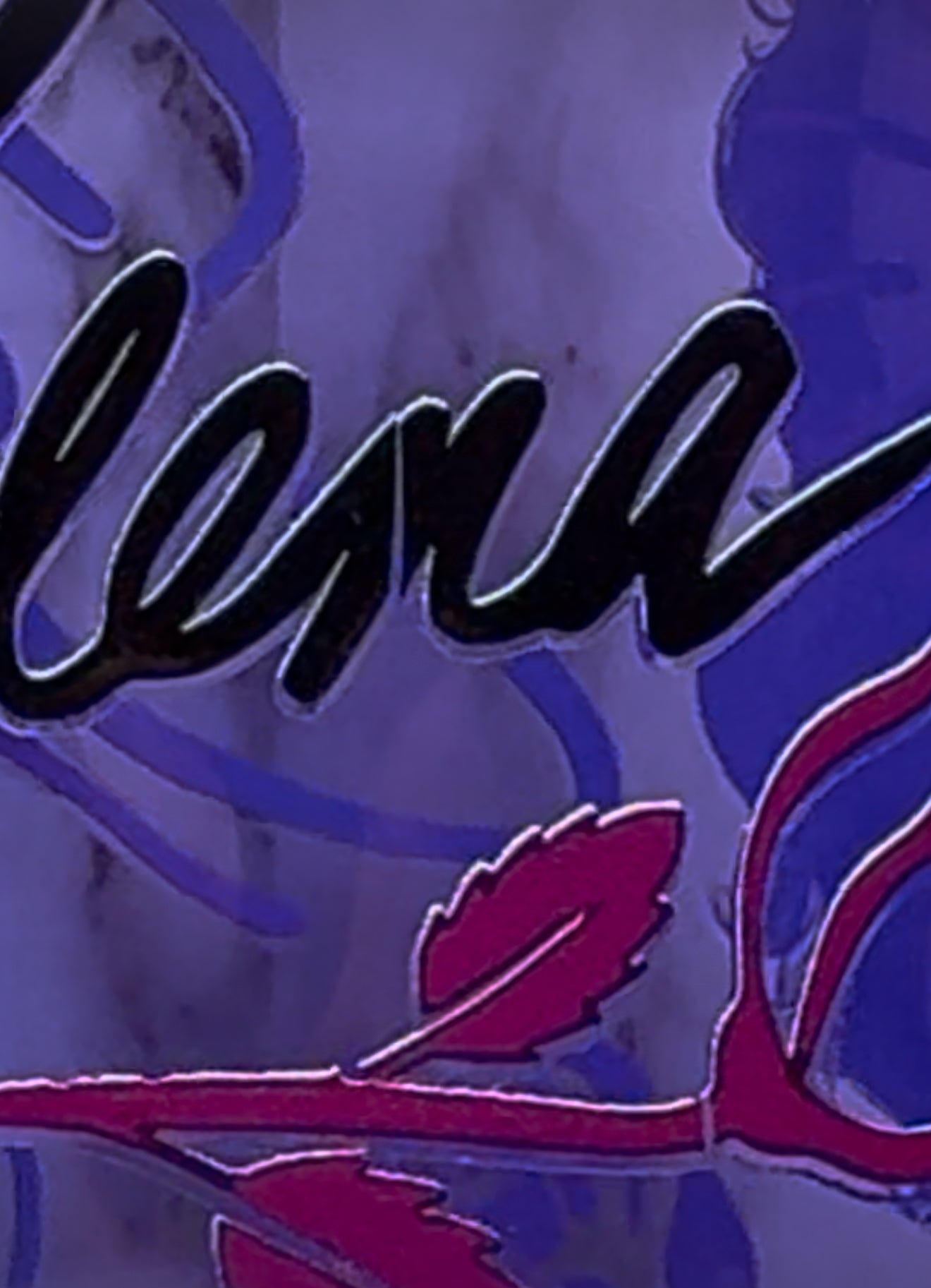 OOPSIE sale PLEASE read description!!! Hello Kitty Selena UVDTF on a purple beer can glass (Faults are in pictures)