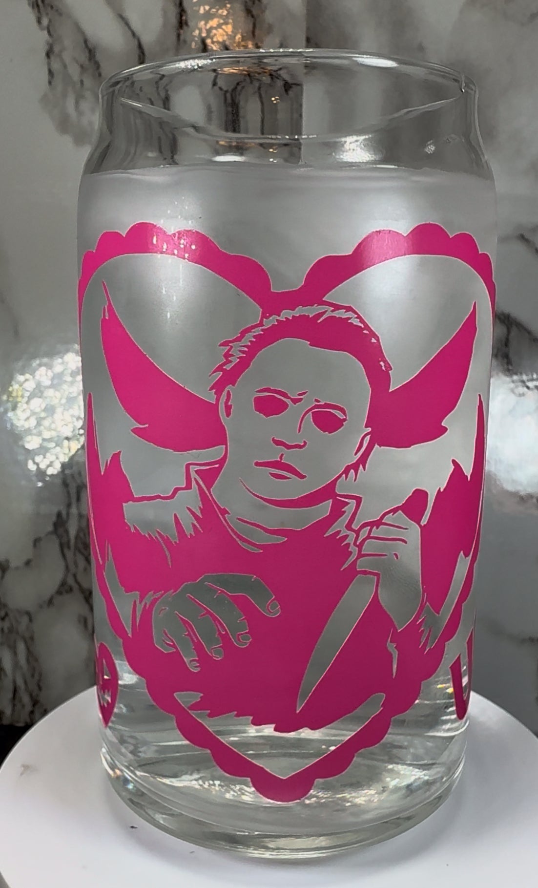 Valentine’s Day Michael Myers Halloween color changing permanent vinyl on a libbey beer can glass