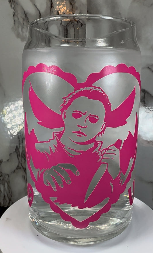 Valentine’s Day Michael Myers Halloween color changing permanent vinyl on a libbey beer can glass