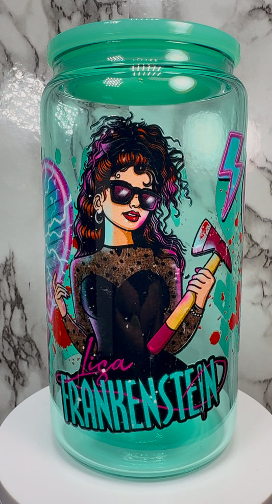 Lisa Frankenstein UVDTF on a teal beer can glass