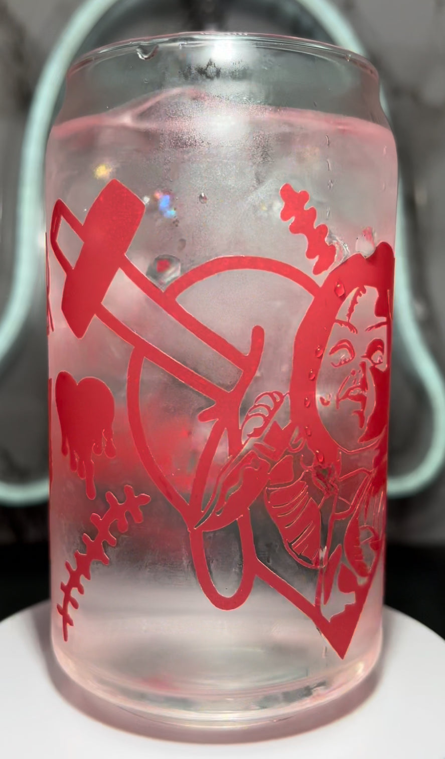 Valentine’s Day Chucky color changing permanent vinyl on a libbey beer can glass