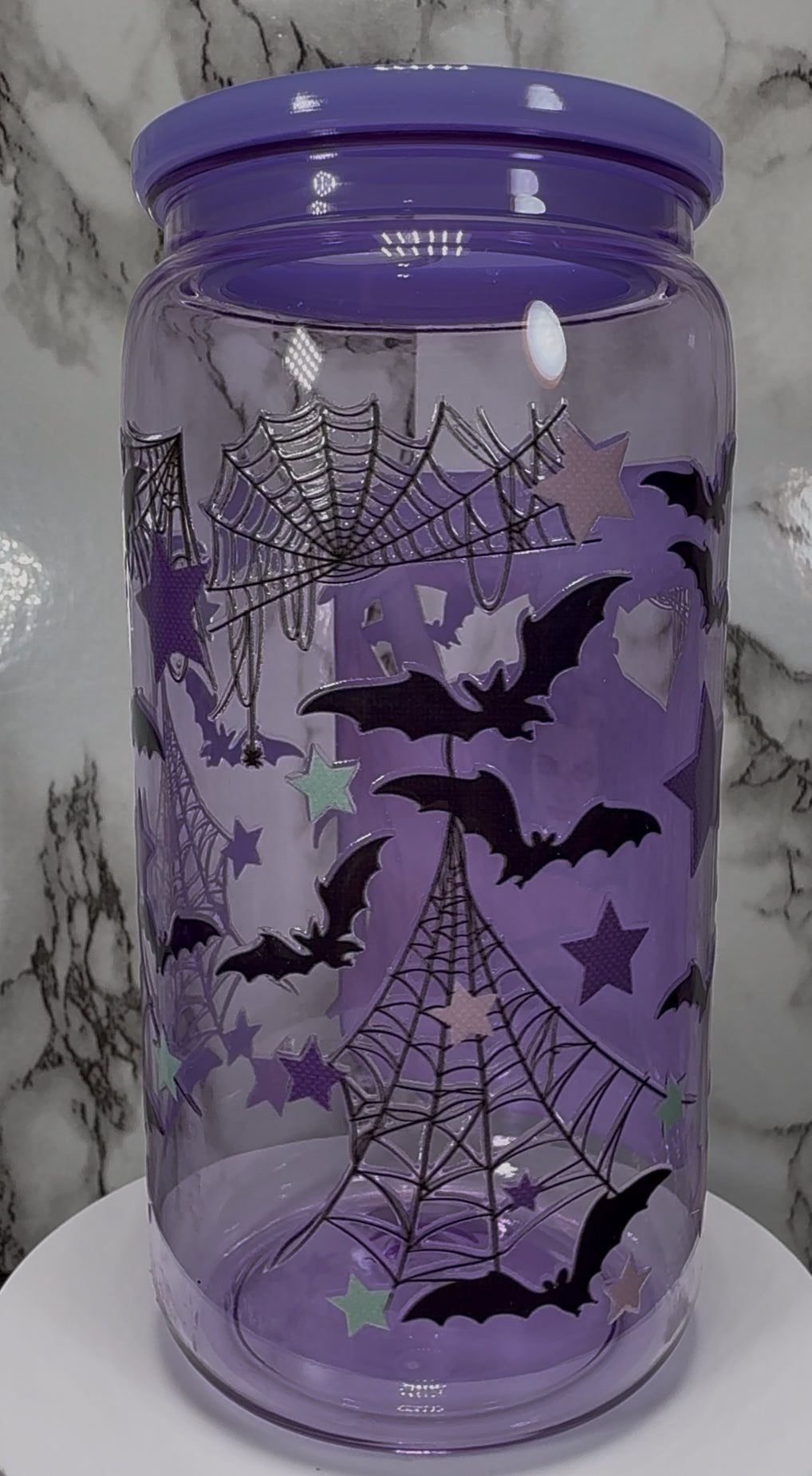 The Munsters Mom and Dad Goals UVDTF on a PLASTIC purple beer can cup