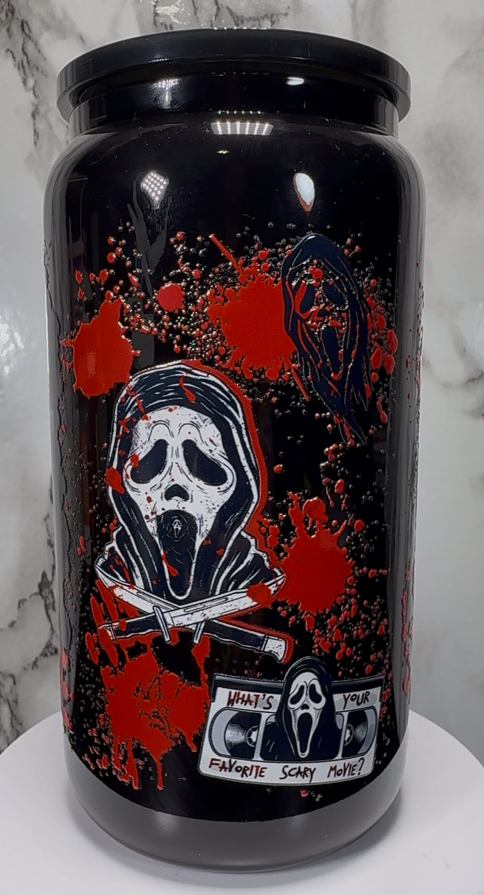 Scream Cast blue on black beer can glass