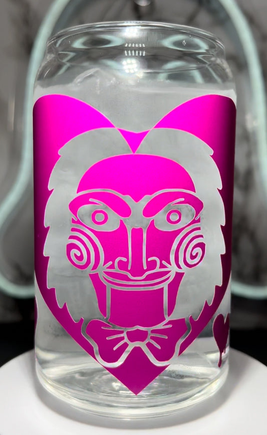 SAW Jigsaw Valentine’s Day color changing permanent vinyl on a libbey beer can glass