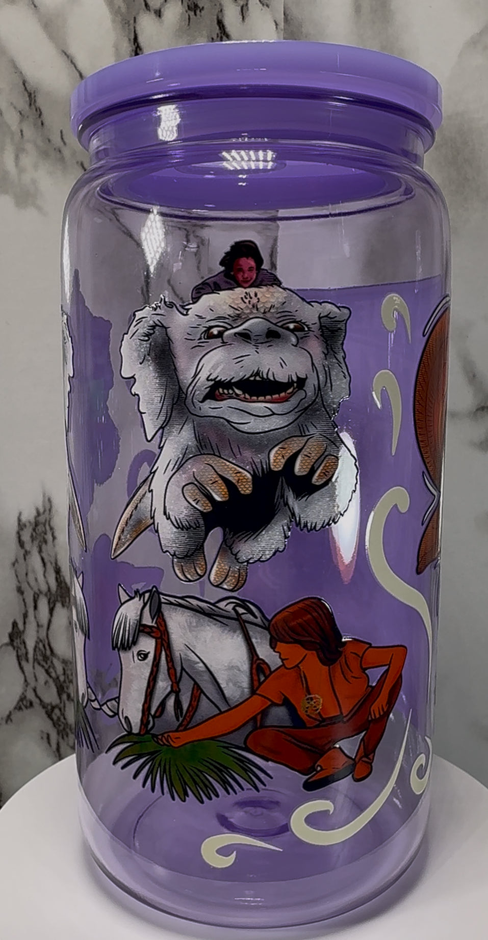 The Never Ending Story UVDTF on a purple PLASTIC beer can cup