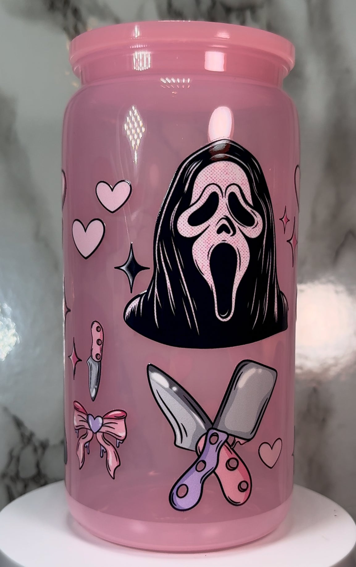 Valentine’s Day Ghostface UVDTF on a plastic pink beer can cup