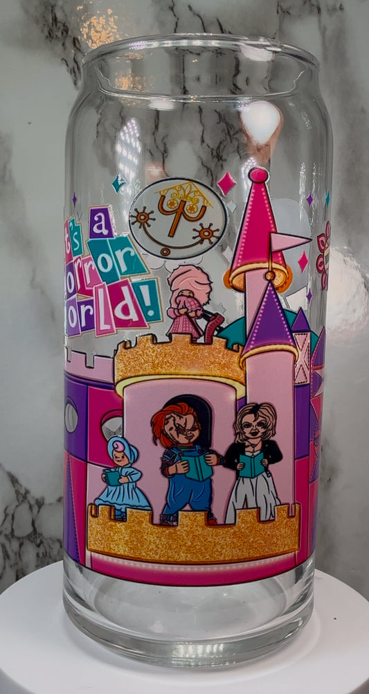 Disney Chucky & Tiffany Valentine UVDTF on a 20 ounce libbey beer can glass
