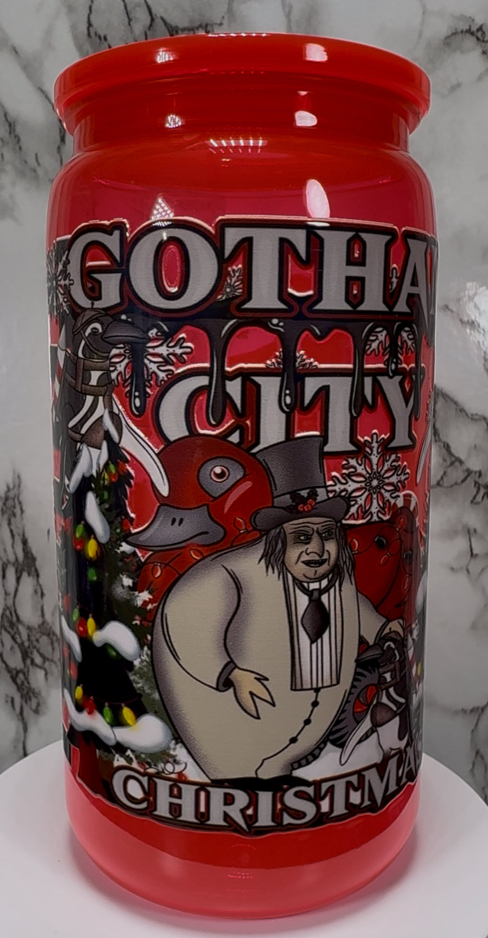 Gotham City Penguin UVDTF on a bright red PLASTIC beer can cup