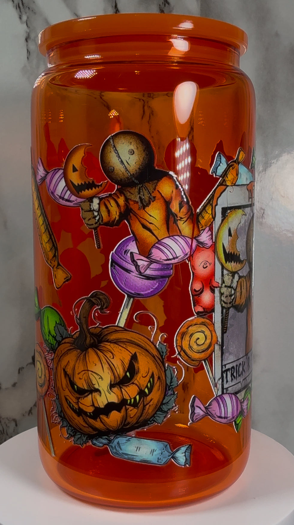 OOPSIE sale PLEASE read description!!! Trick R Treat Sam UVDTF on a orange beer can glass (Faults are in pictures)