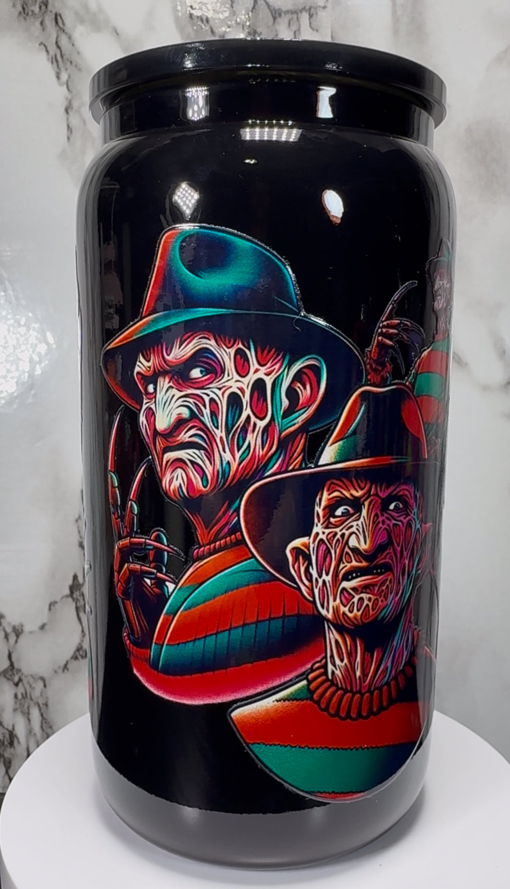 Nightmare on Elm Street Freddy Krueger UVDTF on a black beer can glass