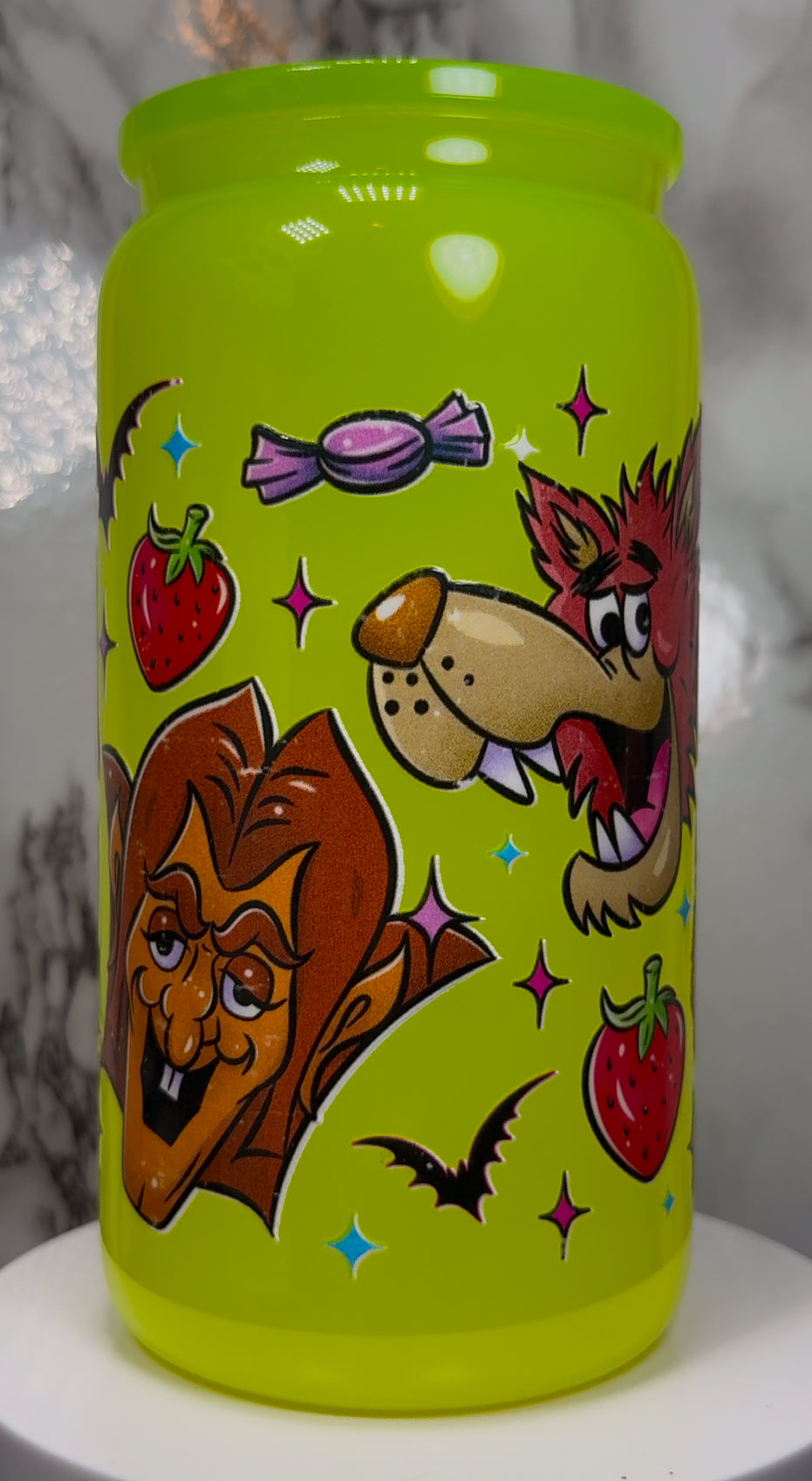 Monster Cereal UVDTF on a bright yellow beer can glass