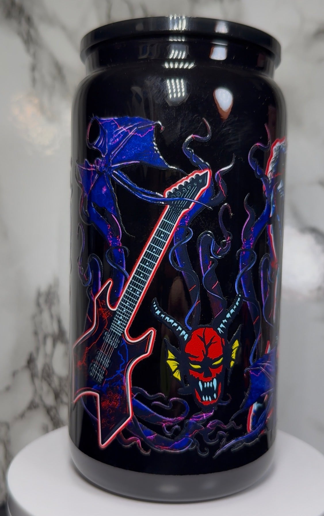 Eddie Munson UVDTF on a 16oz black beer can glass