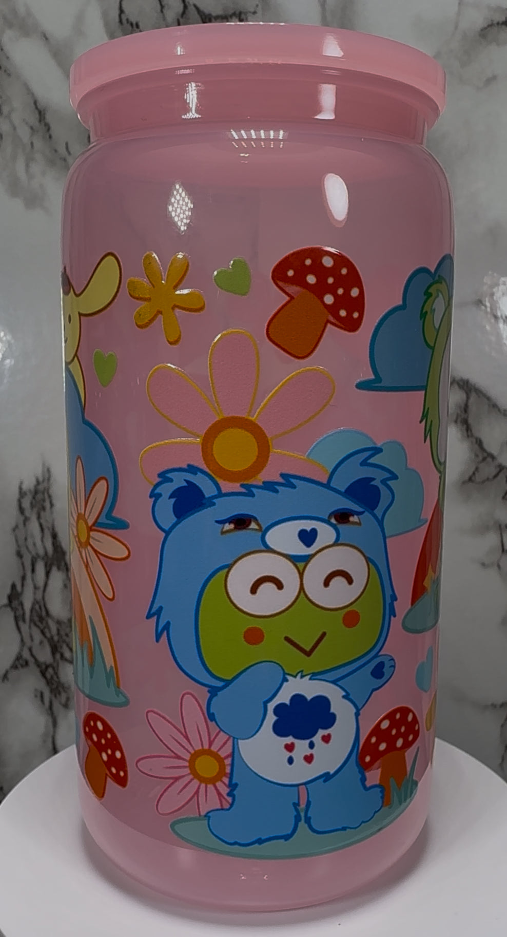 Hello Kitty / Care Bears mash up UVDTF on a PLASTIC pink beer can cup