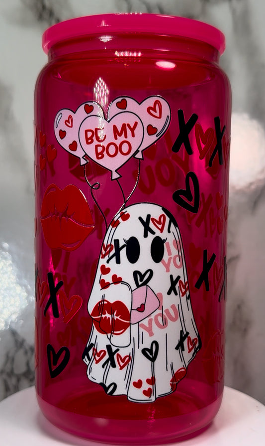 Valentine’s Day Ghost UVDTF on a hot pink beer can glass