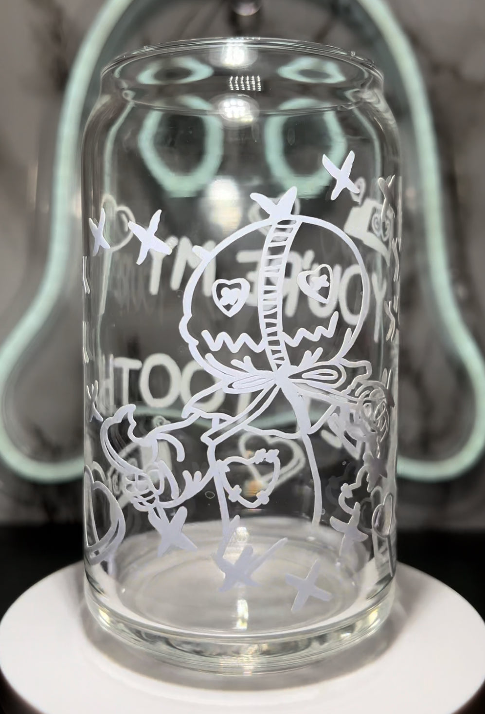 Valentine’s Day Sam Trick R Treat color changing permanent vinyl on a libbey beer can glass