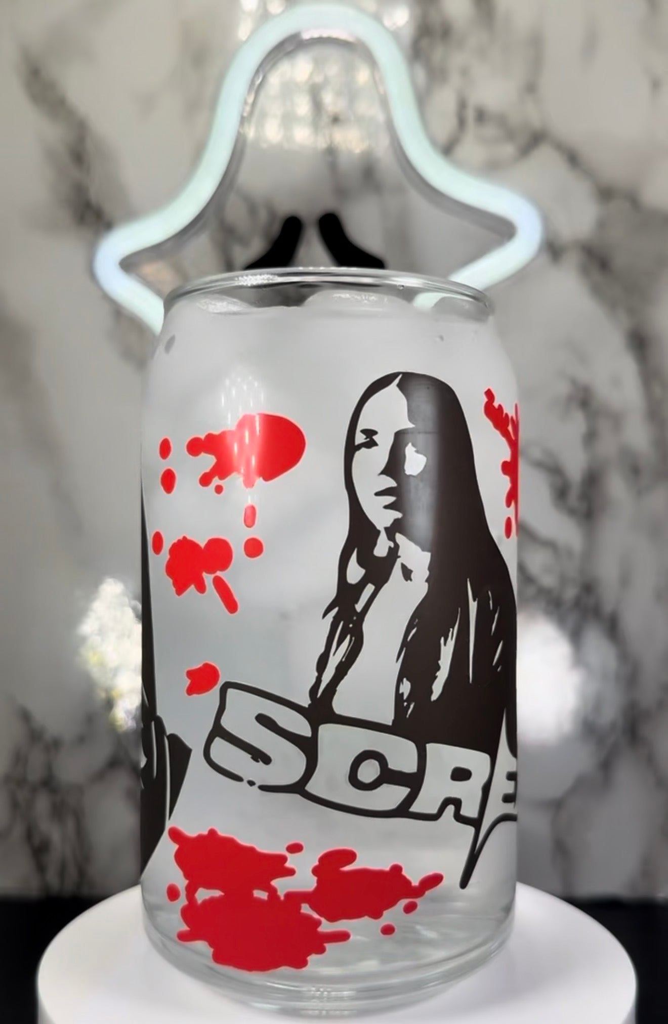 Scream Carpenter Sisters color changing black and red permanent vinyl on libbey beer can glass
