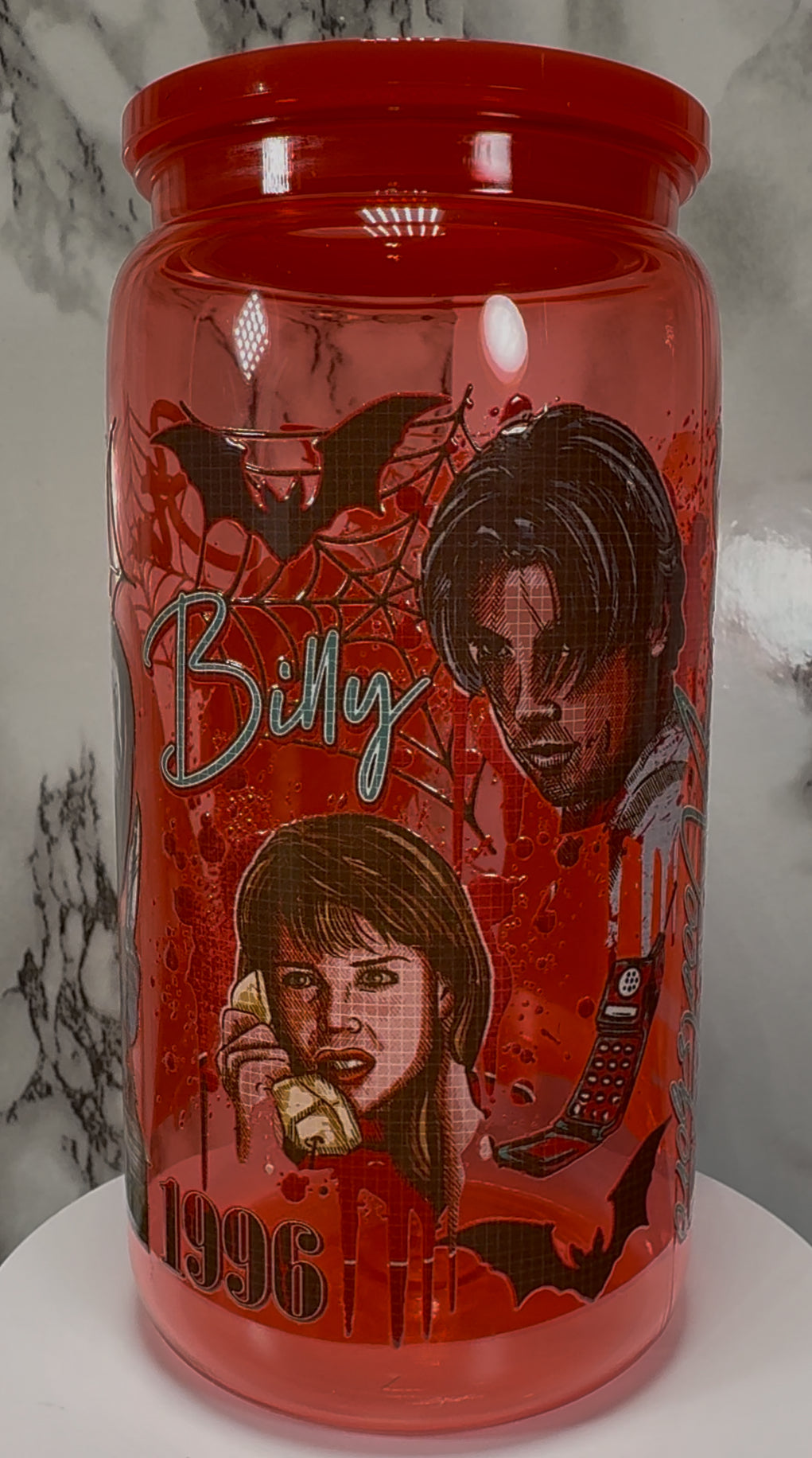 Scream UVDTF on a red PLASTIC beer can cup