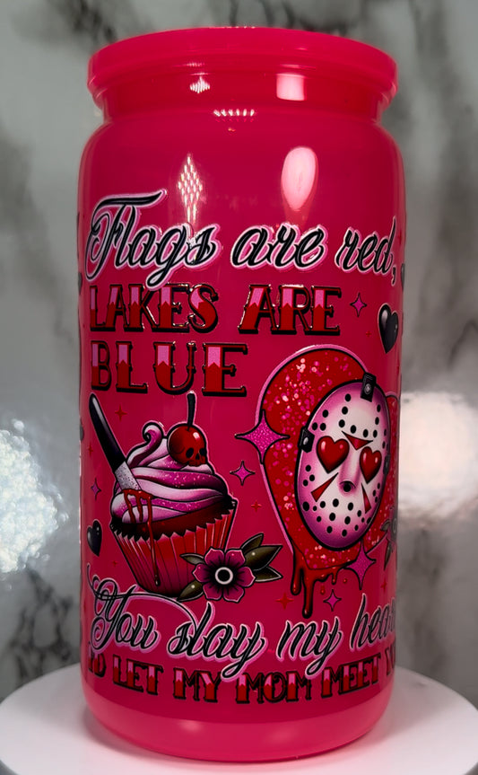 Valentine’s Day Friday the 13th Jason Voorhees UVDTF on a hot pink plastic beer can cup