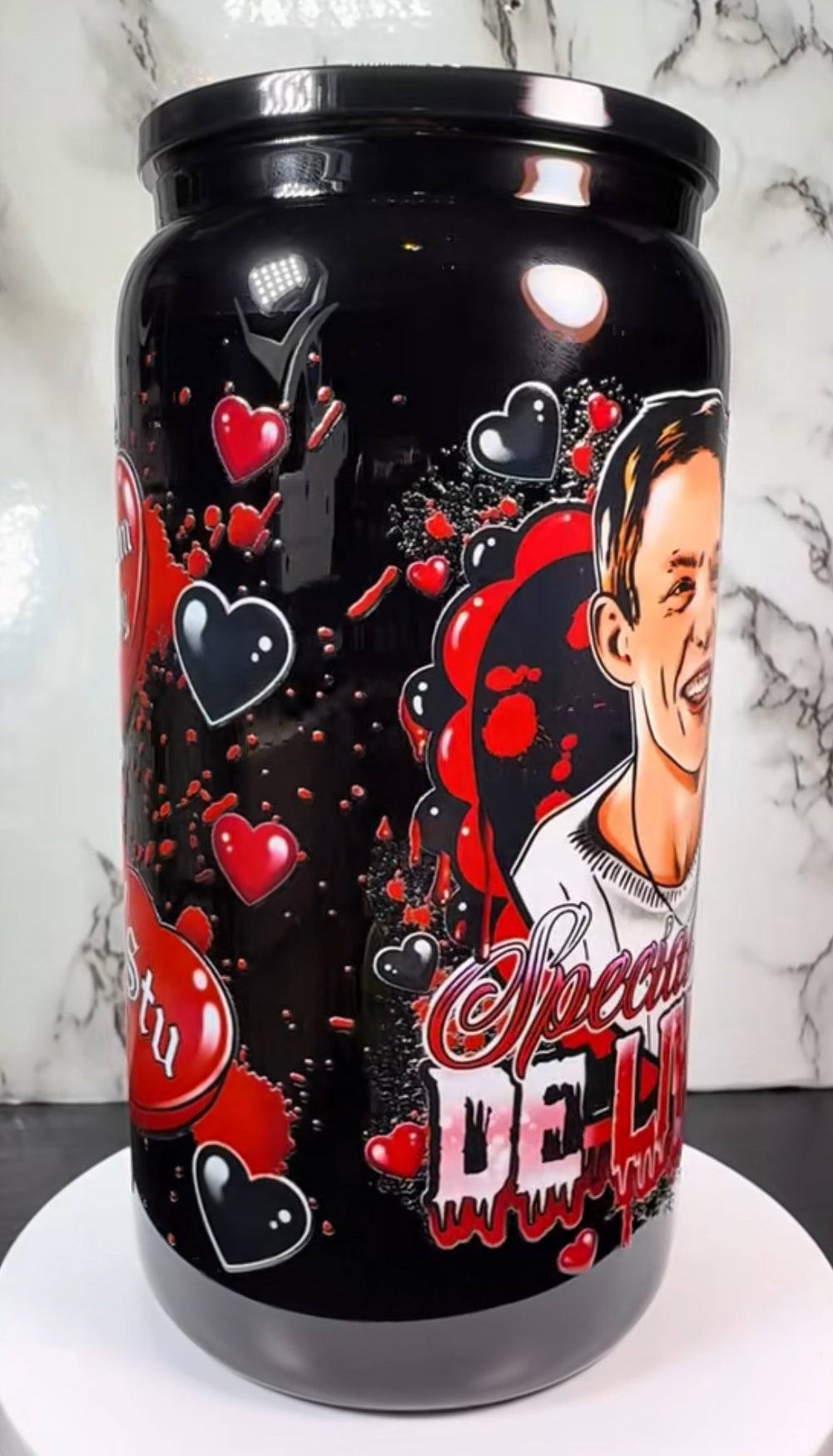 Valentine’s Day Stu Macher UVDTF on a black beer can glass