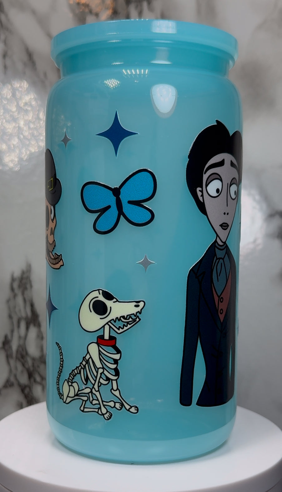 Corpse Bride UVDTF on a PLASTIC blue beer can cup