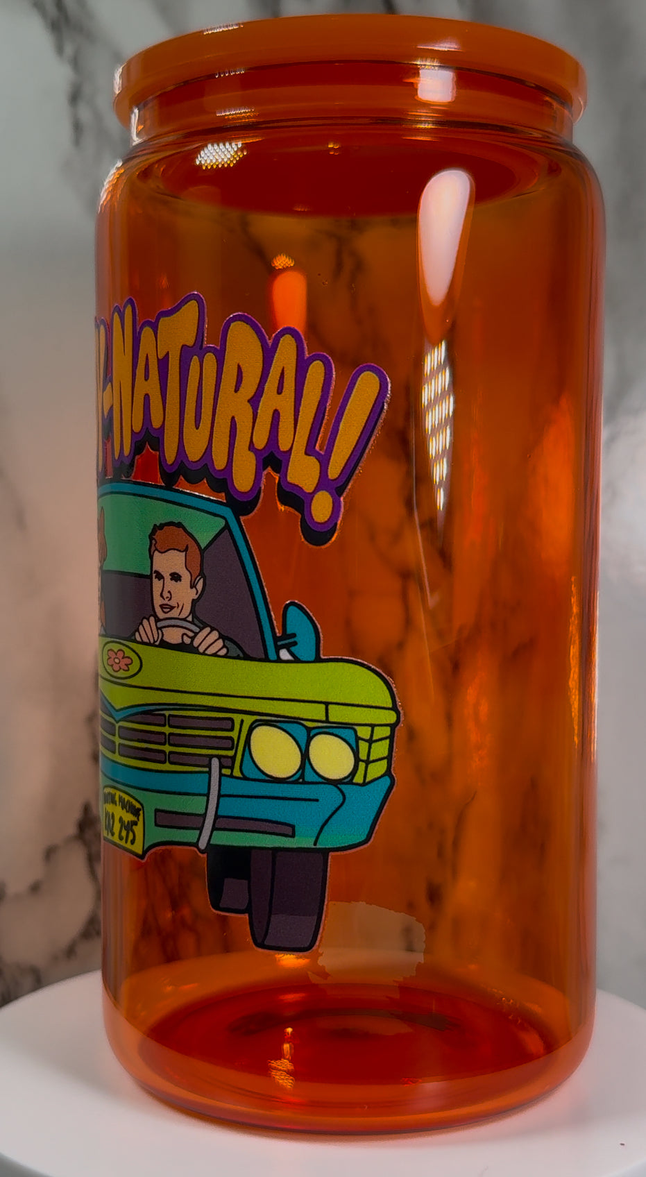 OOPSIE sale PLEASE read description!!! Supernatural Scoobynatural UVDTF on a orange beer can glass (Faults are in pictures)