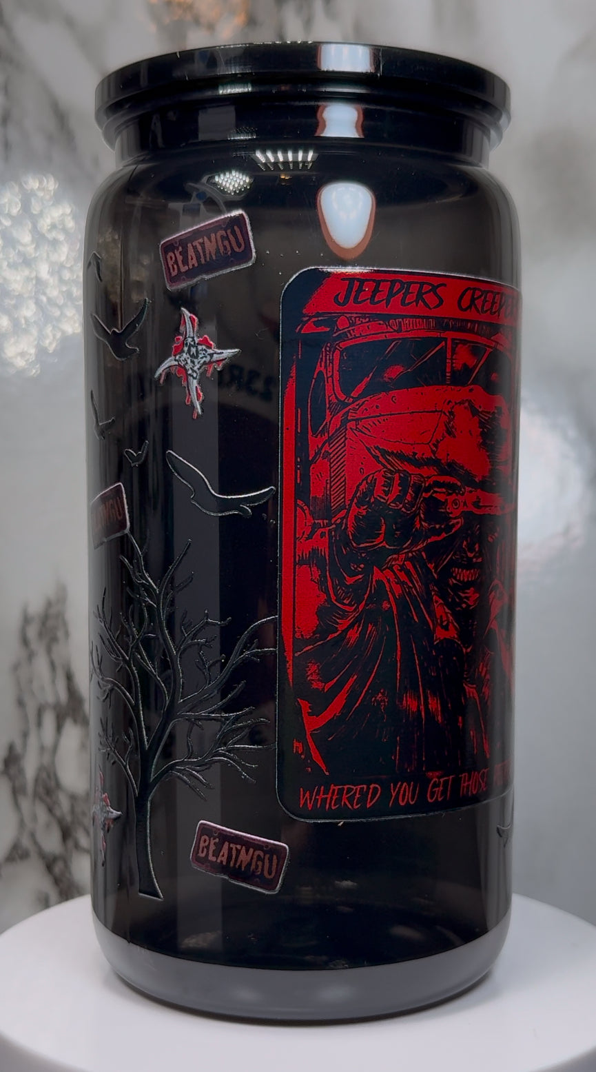 Jeepers Creepers UVDTF on a PLASTIC black beer can cup