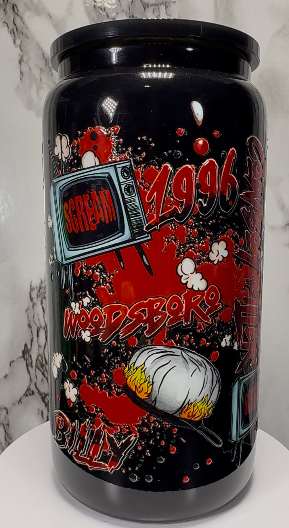 1996 Scream Cast Red UVDTF on a black beer can glass