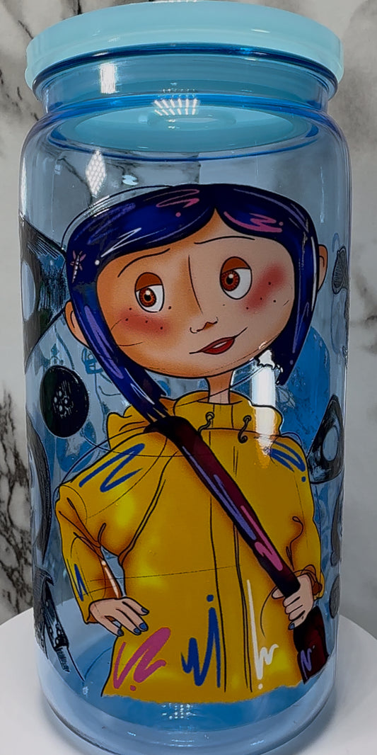 Coraline UVDTF on a blue PLASTIC beer can cup