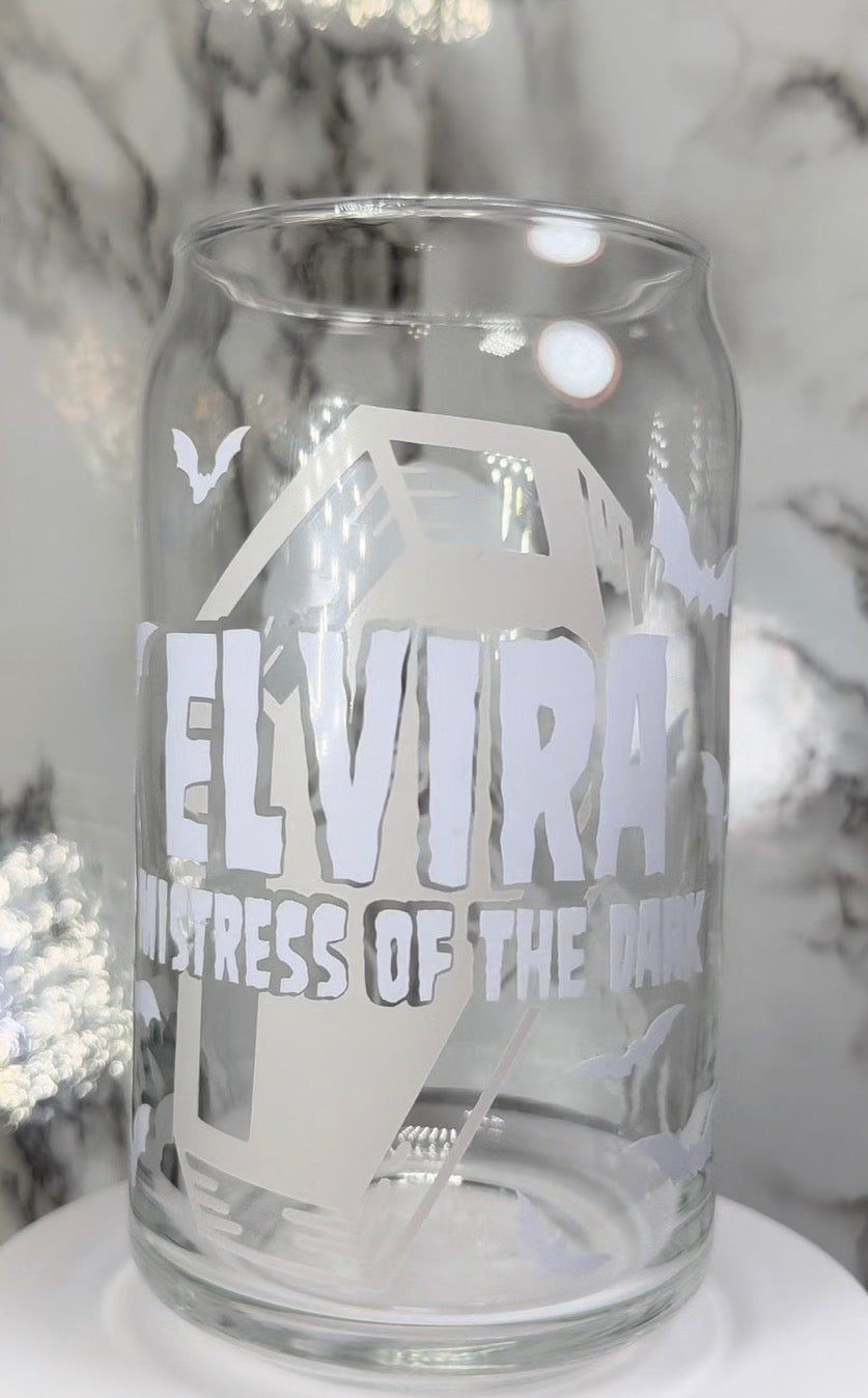 Elvira color changing black, purple and red color changing permanent vinyl on a libbey beer can glass