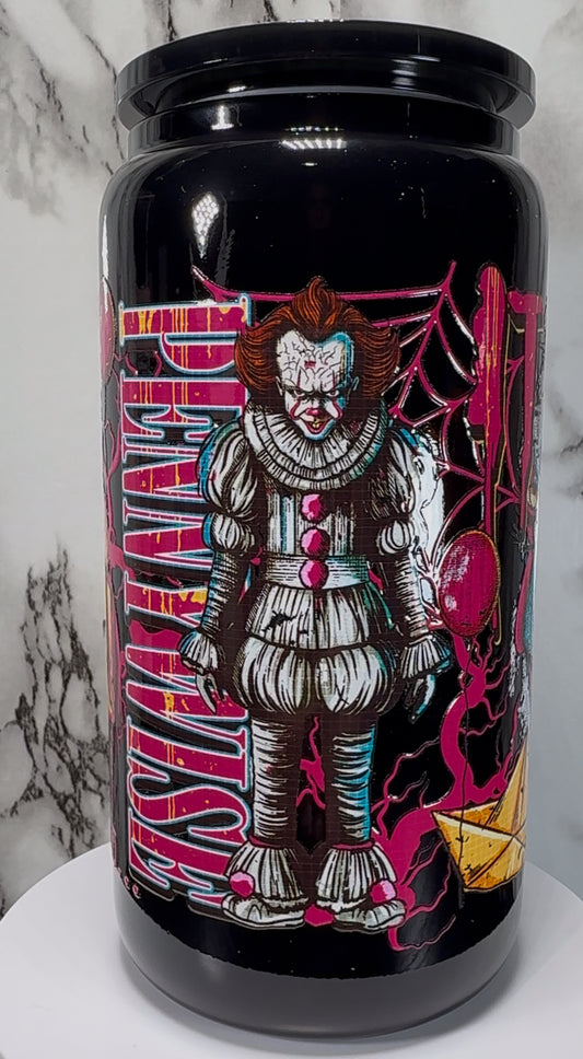It Pennywise UVDTF on a black beer can glass