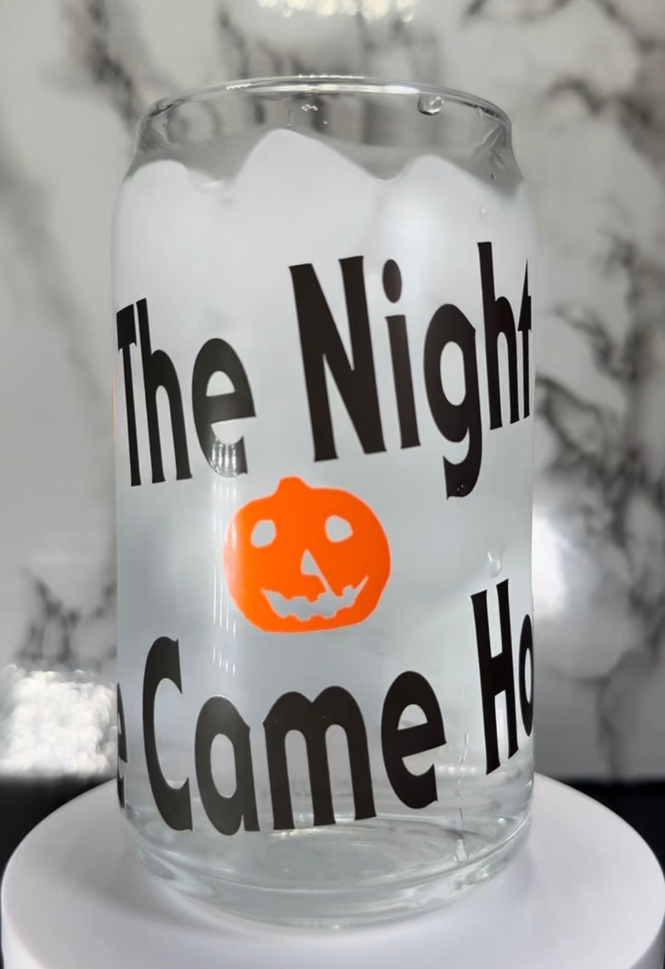 Michael Myers color changing black and orange permanent vinyl on libbey beer can glass