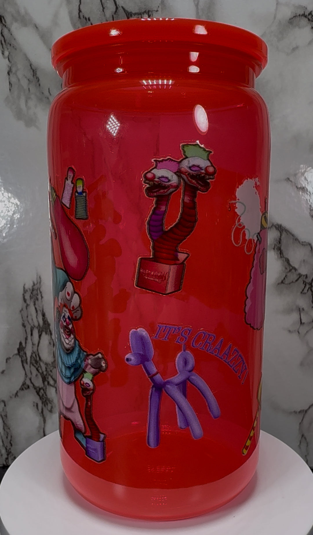 Klownzilla Killer Klowns From Outer Space UVDTF on a bright red PLASTIC beer can cup