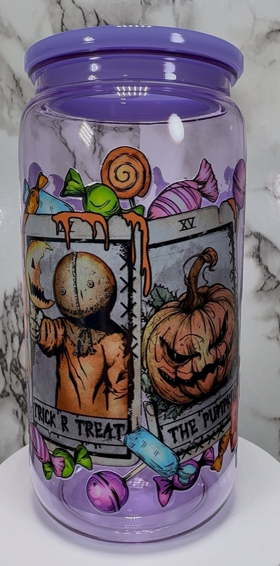 Sam Trick R Treat UVDTF on a purple PLASTIC beer can cup