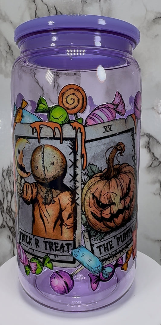 Sam Trick R Treat UVDTF on a purple PLASTIC beer can cup