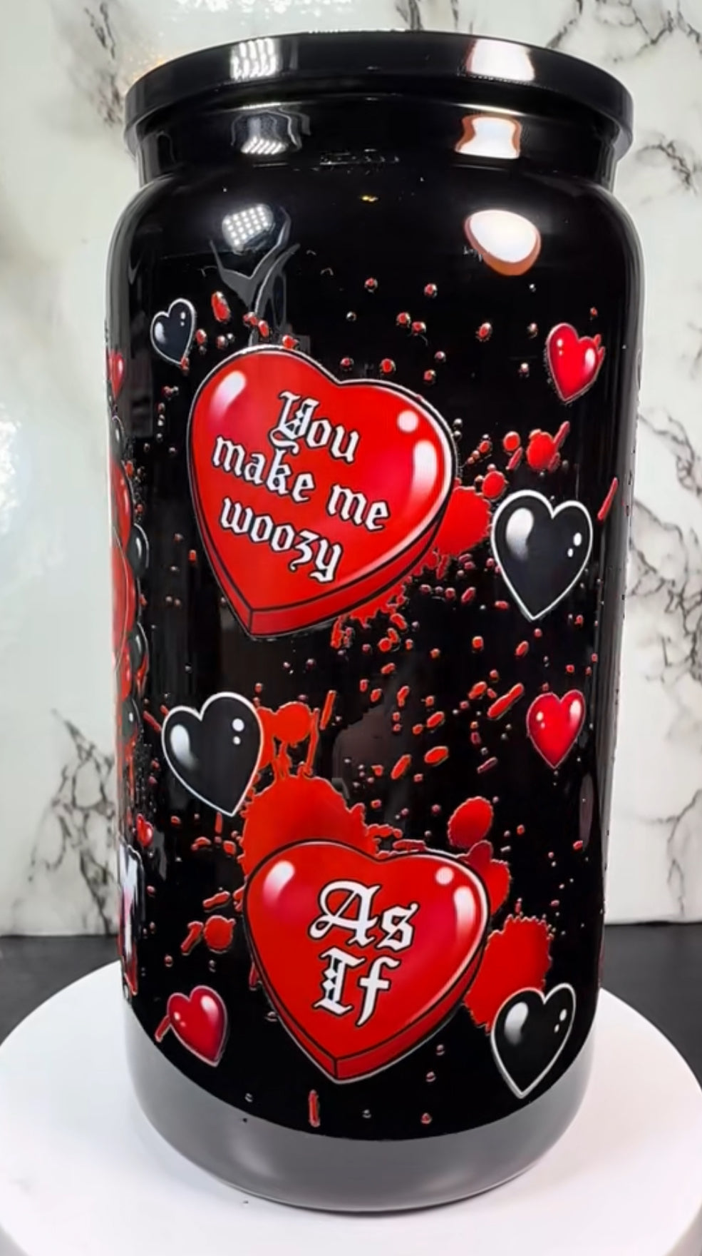 Valentine’s Day Stu Macher UVDTF on a black beer can glass