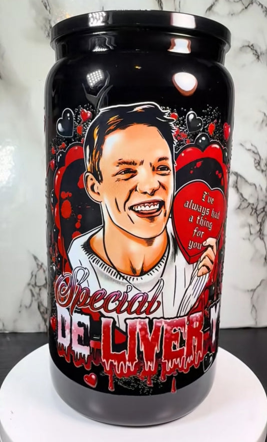 Valentine’s Day Stu Macher UVDTF on a black beer can glass