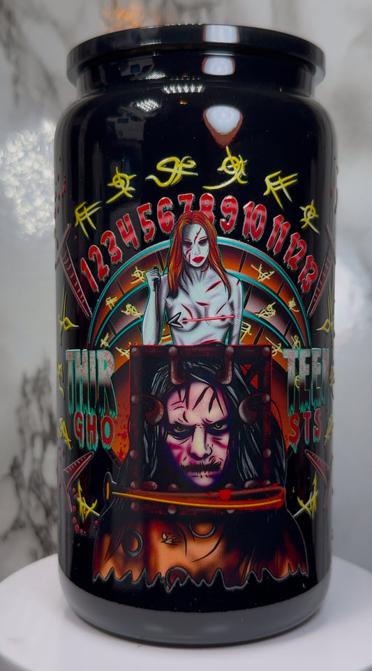 13 Ghosts Angry Princess UVDTF on a black beer can glass