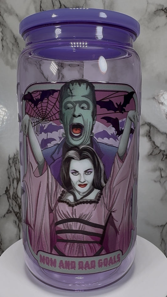 The Munsters Mom and Dad Goals UVDTF on a PLASTIC purple beer can cup