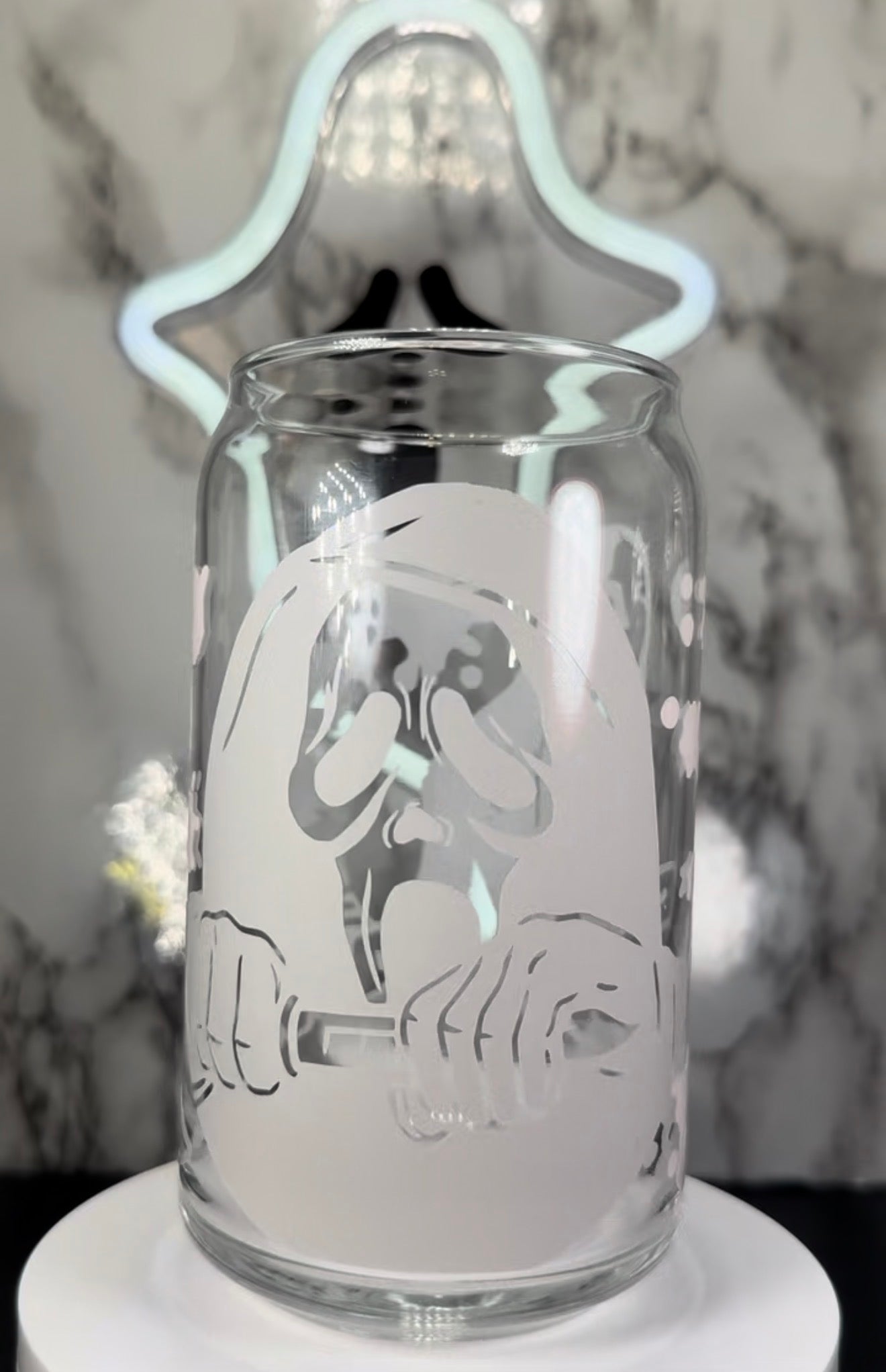 Scream Carpenter Sisters color changing black and red permanent vinyl on libbey beer can glass
