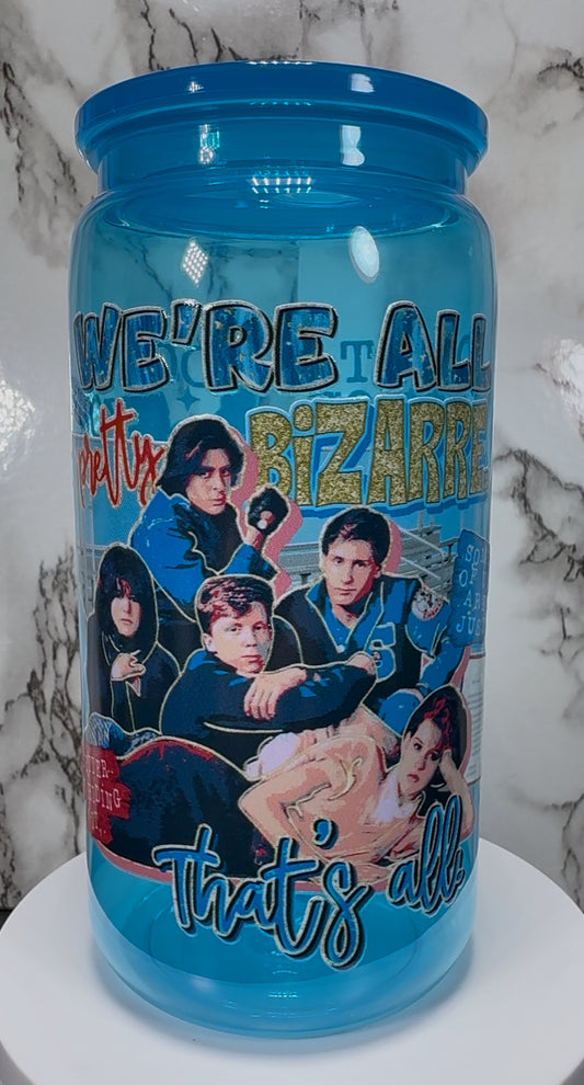 Breakfast Club UVDTF on a bright blue PLASTIC beer can cup