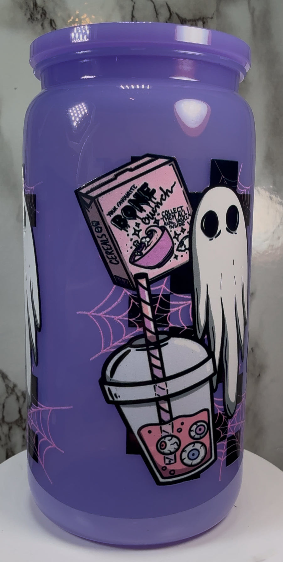 Crypt Keeper House of Horrors UVDTF on a PLASTIC purple beer can cup