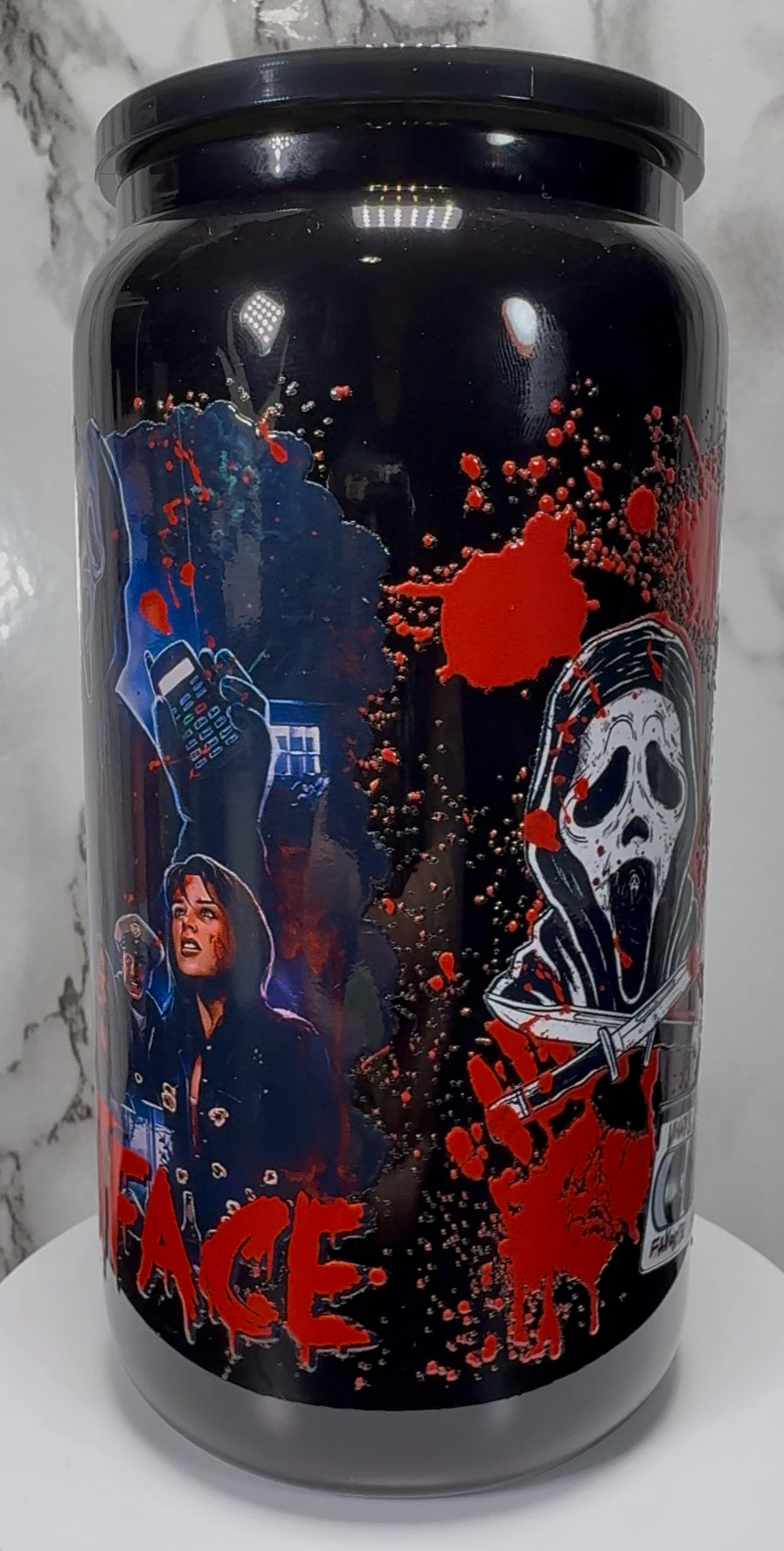 Scream Cast blue on black beer can glass