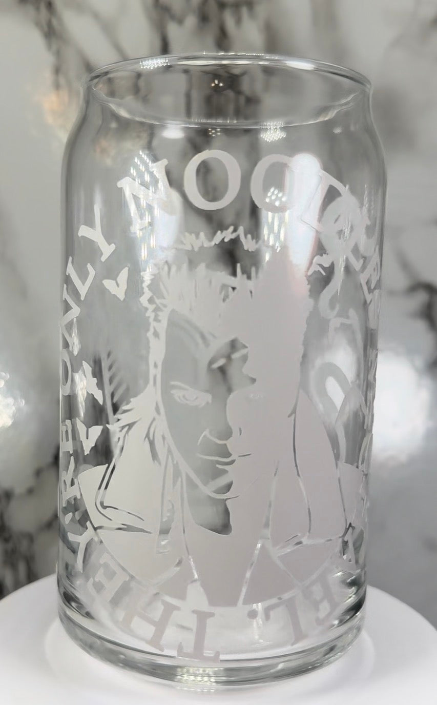 Lost Boys David color changing red permanent vinyl on libbey beer can glass