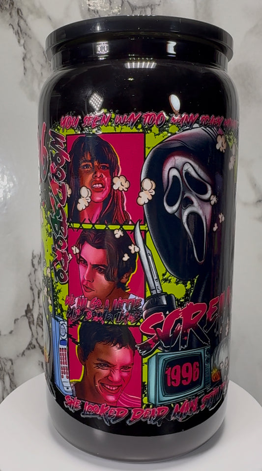1996 Scream Cast Green UVDTF on a black beer can glass