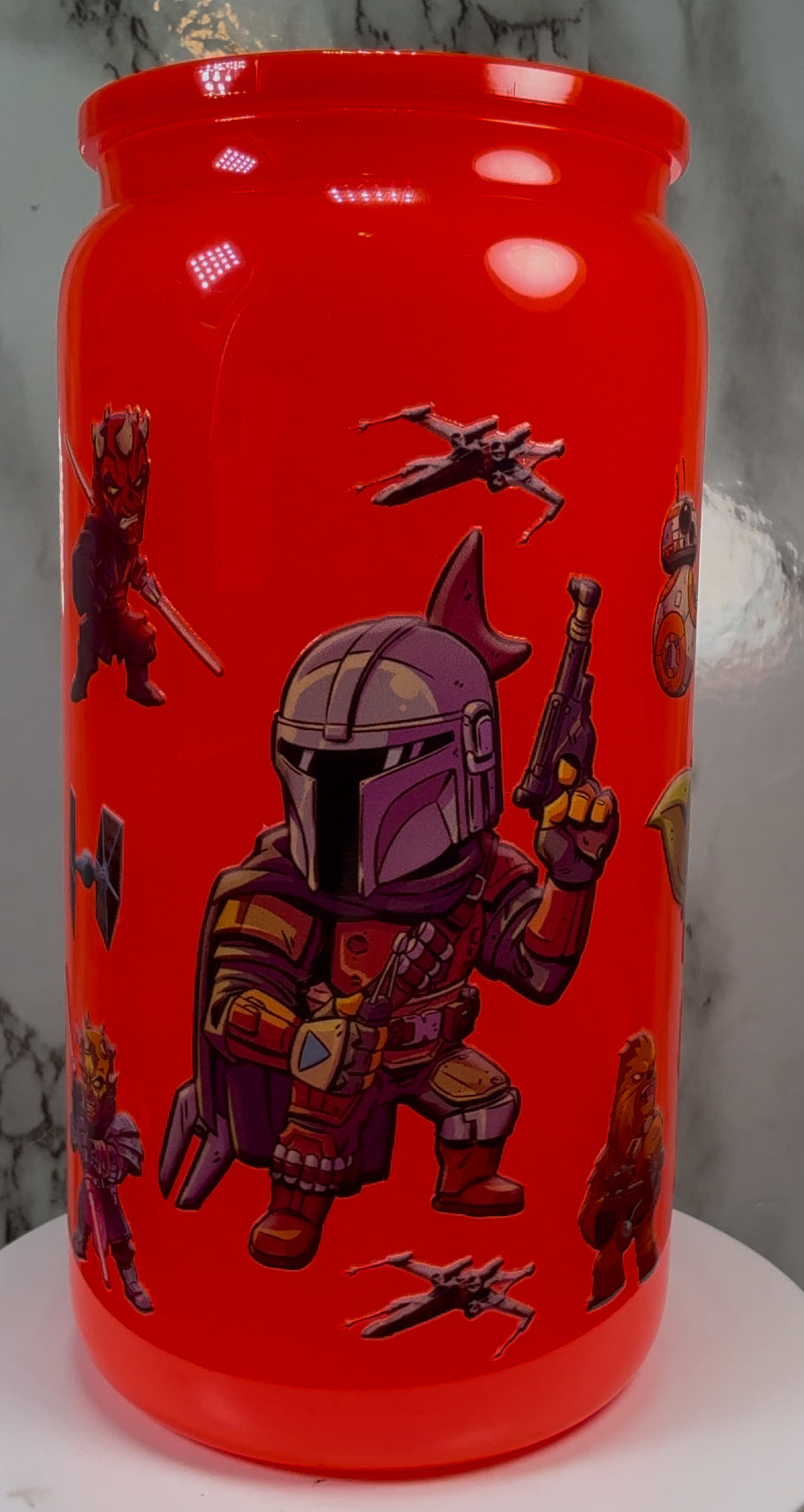 Star Wars UVDTF on a bright red beer can glass