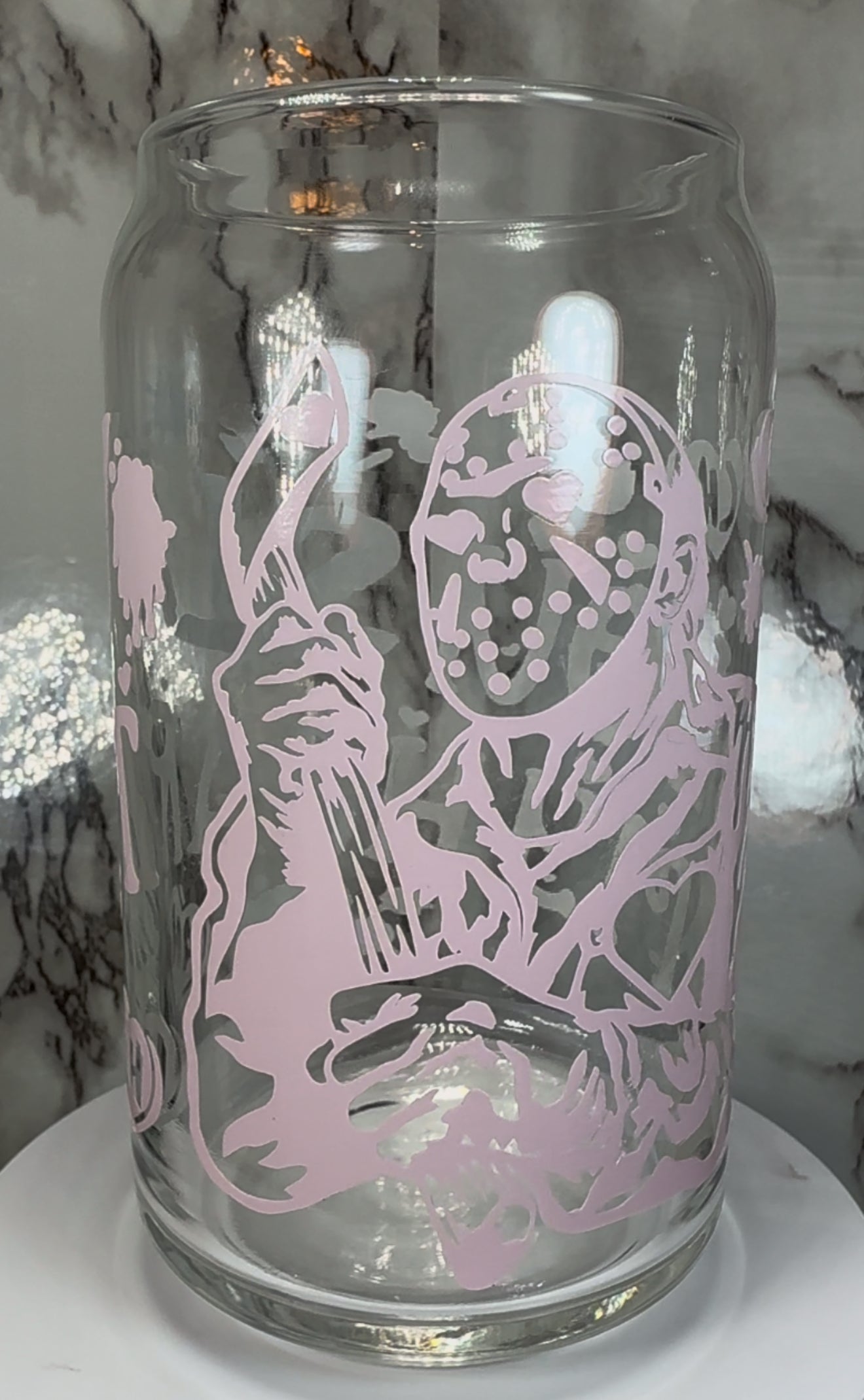 Valentine’s Day Friday the 13th Jason Voorhees color changing Red permanent vinyl on a libbey beer can glass.
