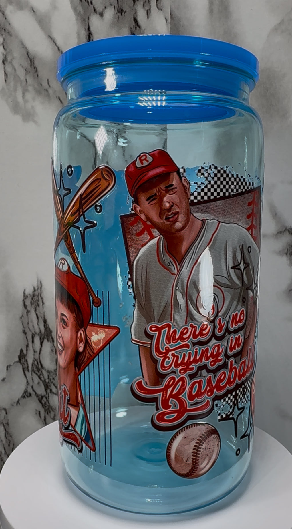 A League of Their Own UVDTF on a blue PLASTIC beer can cup