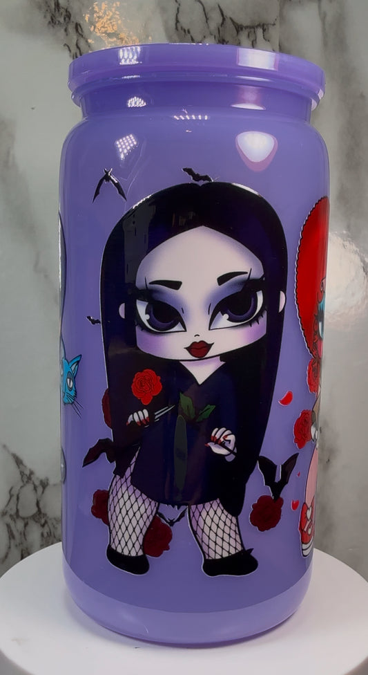 Horror Girls UVDTF on a PLASTIC purple beer can cup
